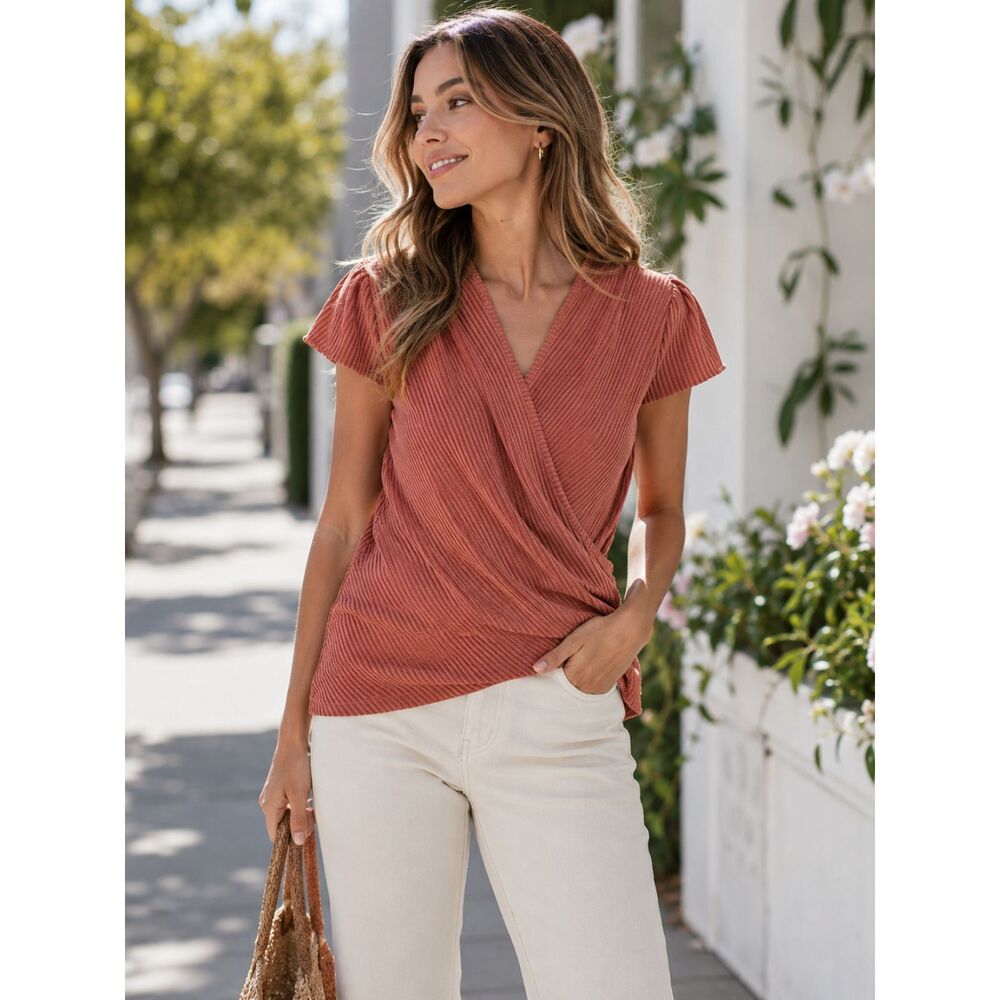 Cross-Front Ribbed Top in Rusty Terracotta Loveappella Textured Draped